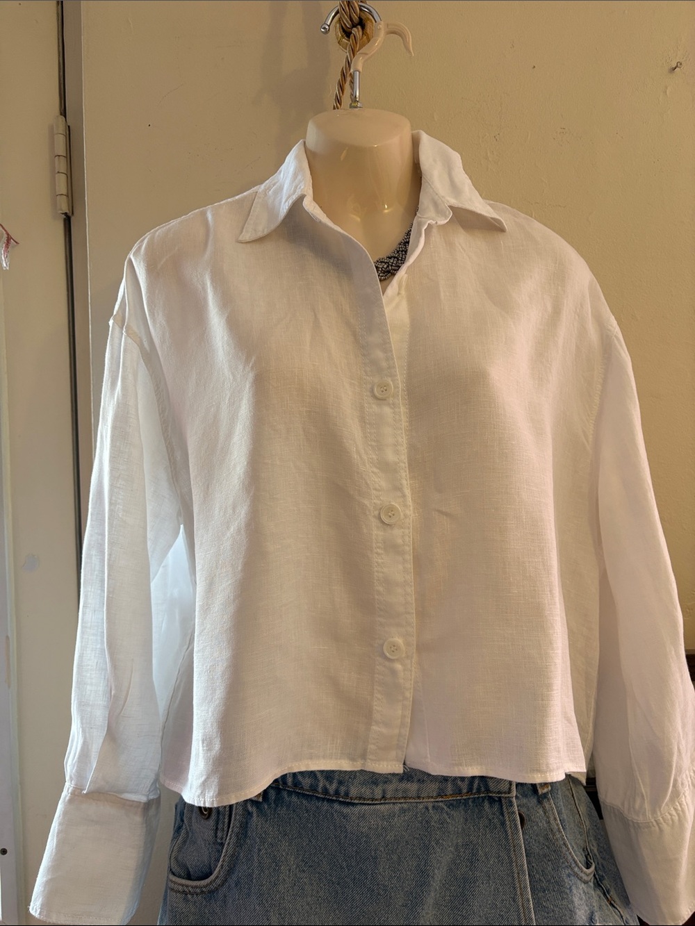 Zara White Cropped Button-Down Linen Shirt